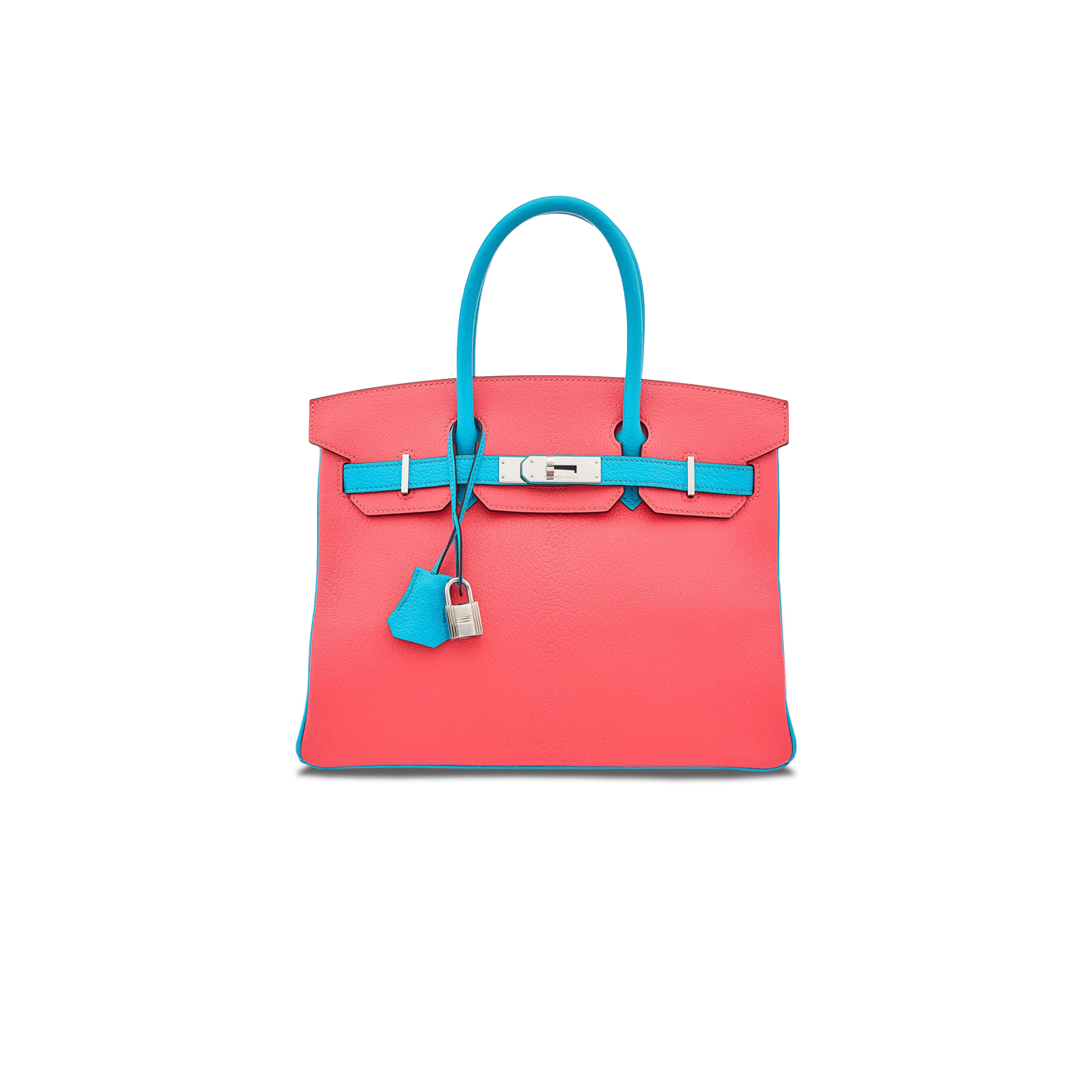 HERMES MASTER BIRKIN 30 EPSOM LIPSTICK PINK AND MACAROON BLUE SILVER BUCKLE H028369CK20 (30*23*15cm)